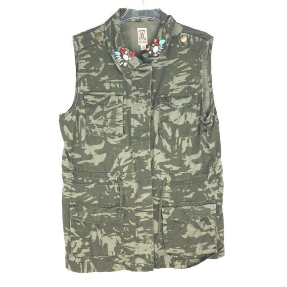 Decree XL Green Camo Top Pockets Zip Snap Front Vest Jeweled Collar Drawstring - Picture 1 of 12